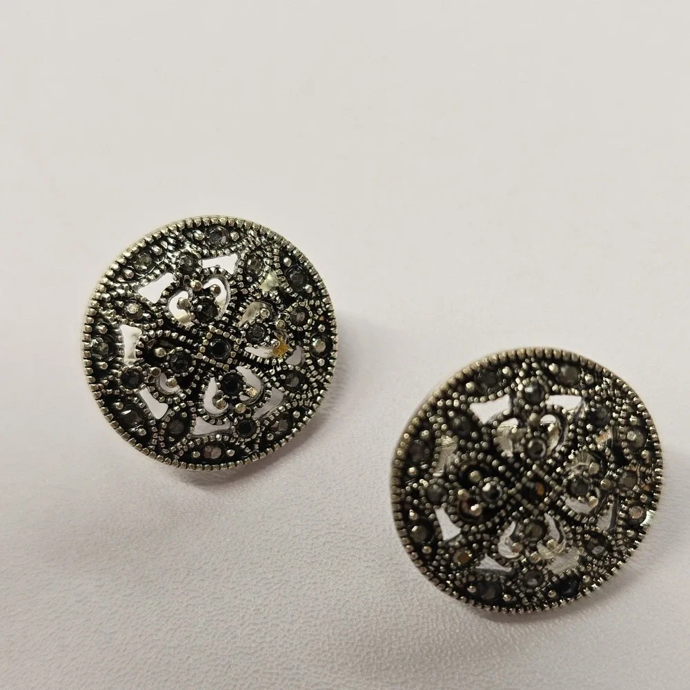 Vintage Round Filigree Marcasite‎ Clip On Earrings Silver Tone Art Deco Style